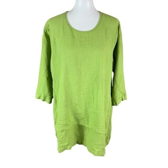 Mosaic USA Green 100% Linen Tunic Top Boho Relaxed Fit Asymmetrical Hem Large - Picture 1 of 4